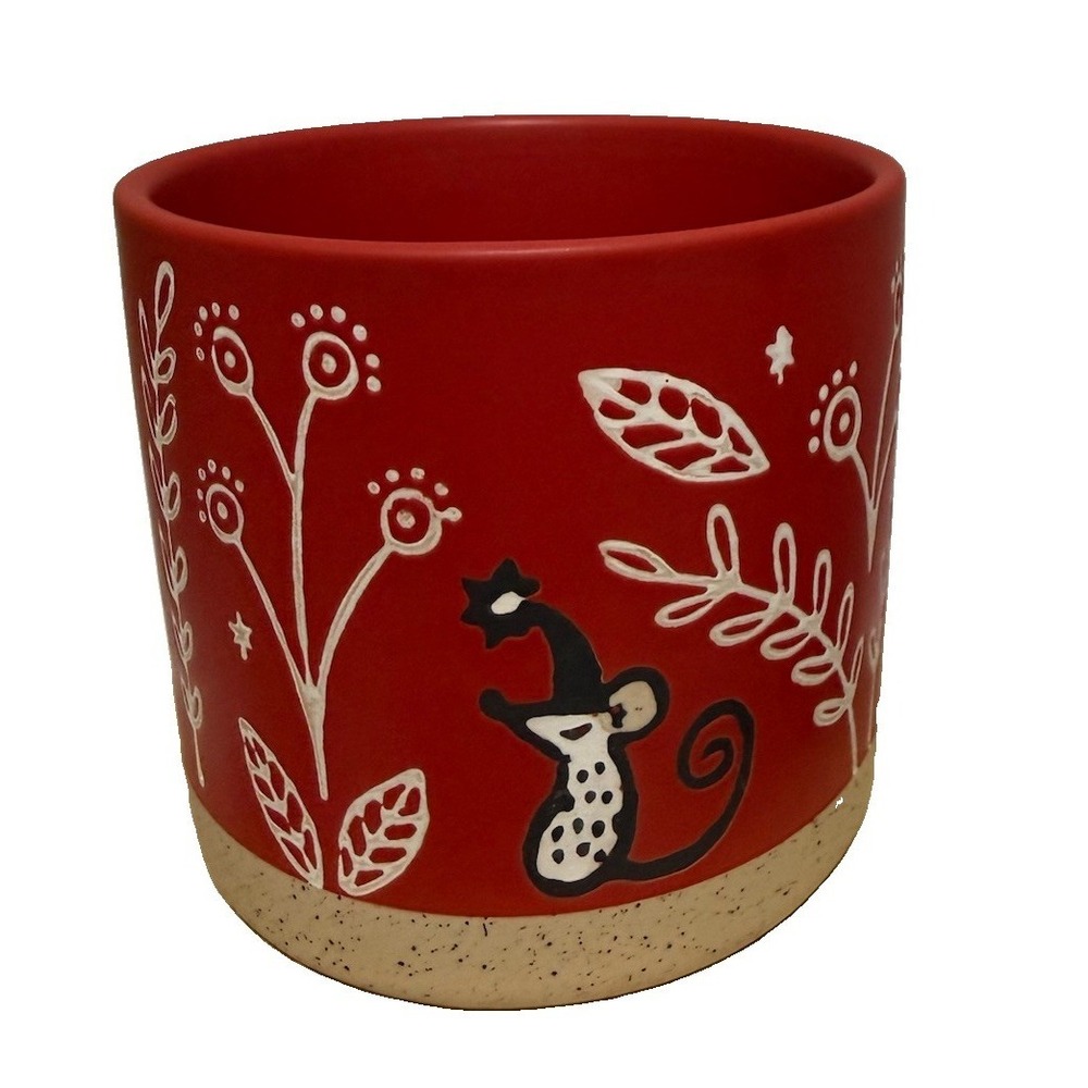Arwen Whimsical  Red & Cream Ceramic Mouse Planter Pot - 4" Botanical Sgraffito